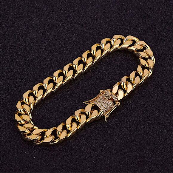 Gold Chain Link Bracelet, Cuban, Rhinestone Closure - Picture 5 of 8